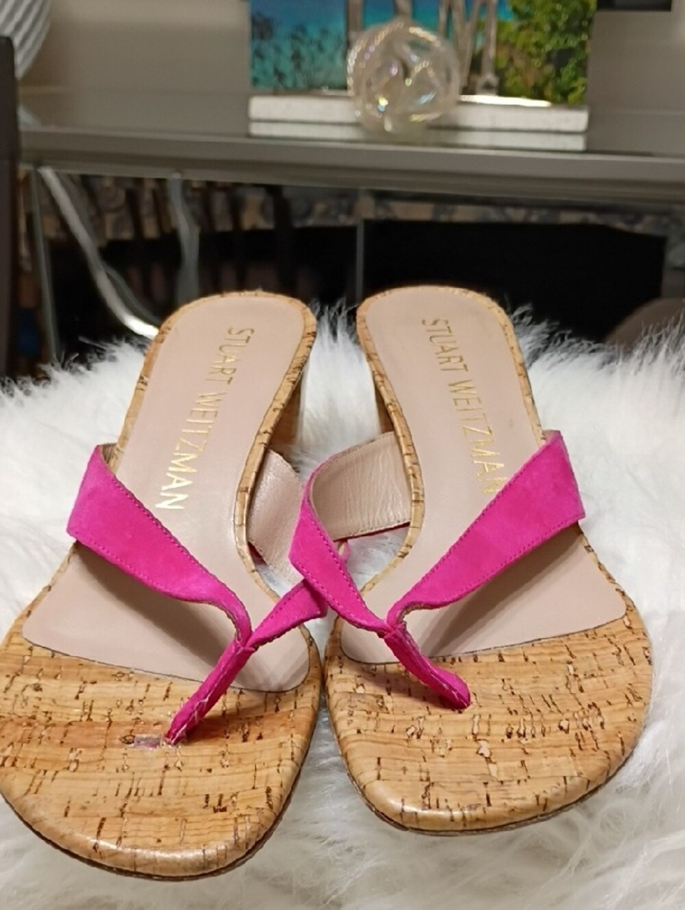 Stuart Weitzman Brigida Fuchsia Cork Block Heel Thong Mules Sandals 7.5 - Picture 8 of 15
